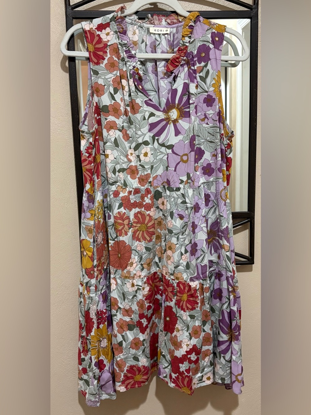 Kori Floral Tiered Sleeveless Dress in Lavender, Red, Yellow and Green